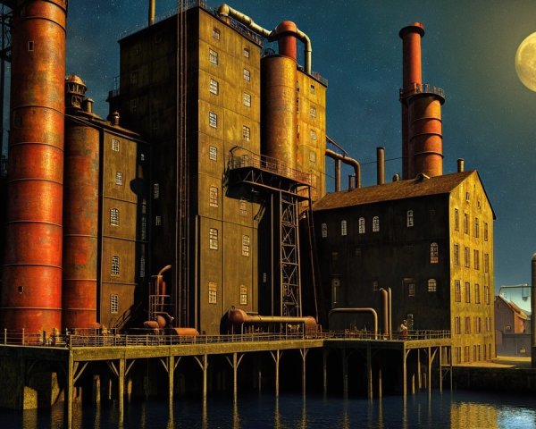 Industrial Facility at Night with Moonlit Reflection