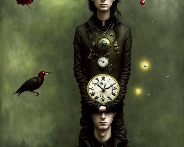 Vertical Figures with Antlers and Clock in Surreal Landscape
