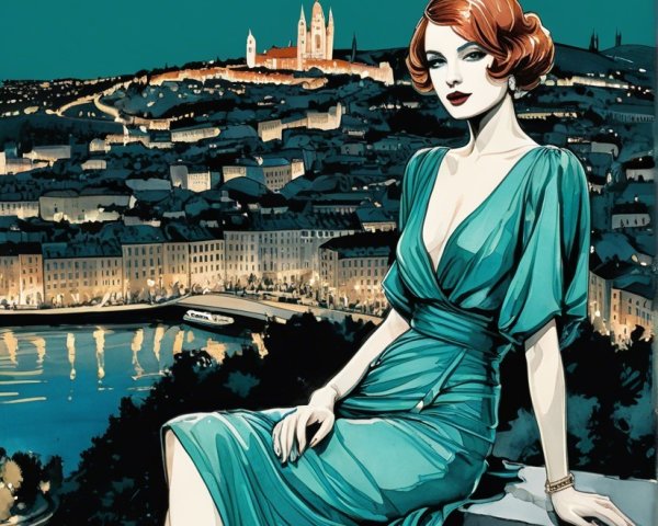 Glamorous woman in teal dress by illuminated river