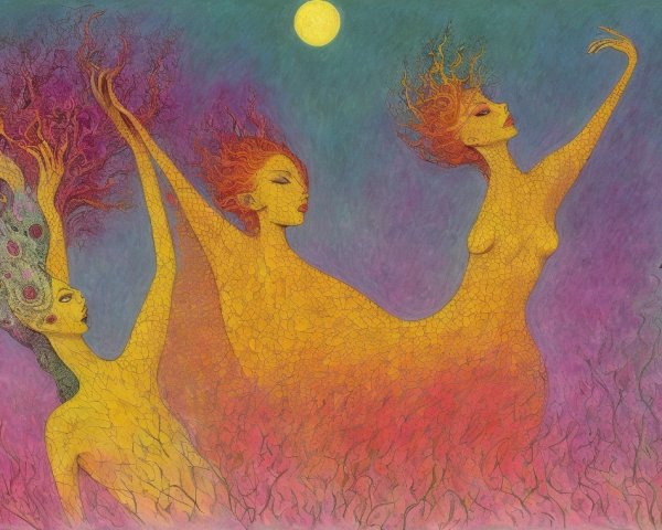 Ethereal Figures in Fiery Hair Amidst Vibrant Colors