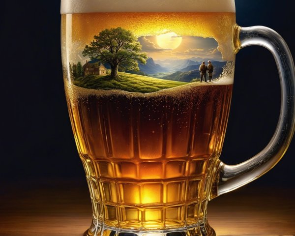 Beer Glass Reflecting Serene Sunset Landscape