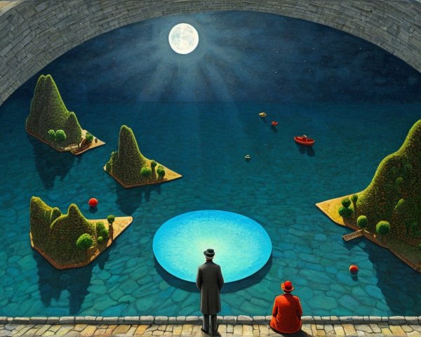 Surreal Moonlit Scene with Water and Islands