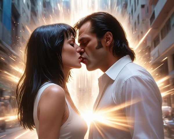 Couple Kissing Amidst Urban Explosion of Light
