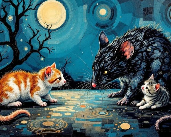 Surreal Night Scene with Rat and Cats in Abstract Setting