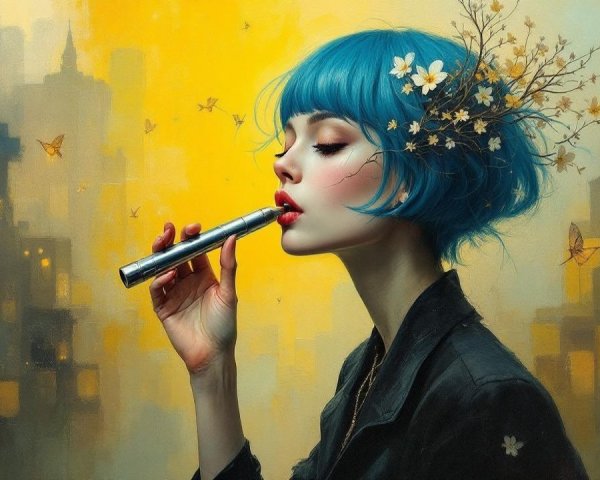 Young Woman with Blue Hair Playing Flute in Skyline