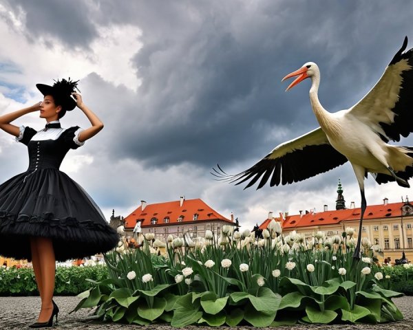 Elegant Woman in Black Dress in Vibrant Garden Scene