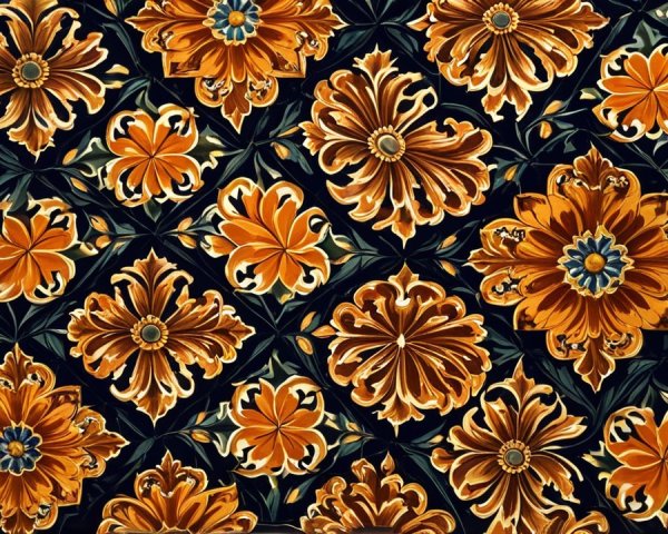 Vibrant Floral Pattern with Orange Flowers on Black Background