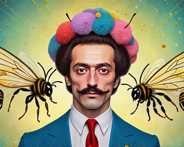 Stylish man in blue suit with whimsical hat and bees