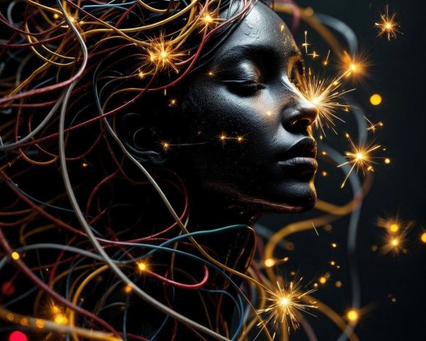 Dark Textured Face Surrounded by Colorful Wires
