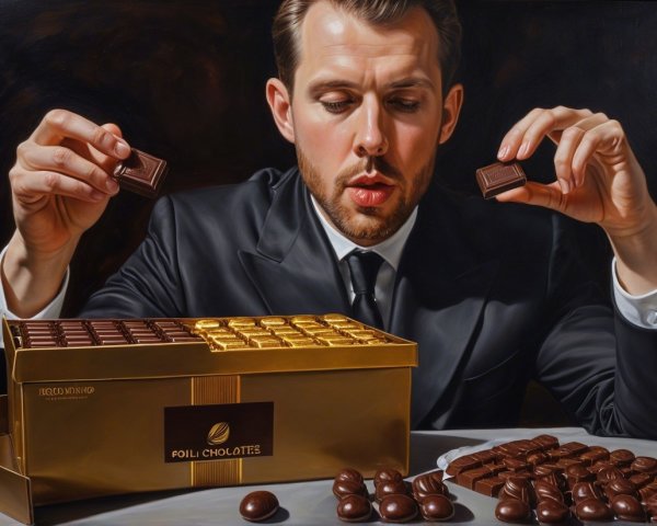 Man in Black Suit Examines Chocolates from Gold Box