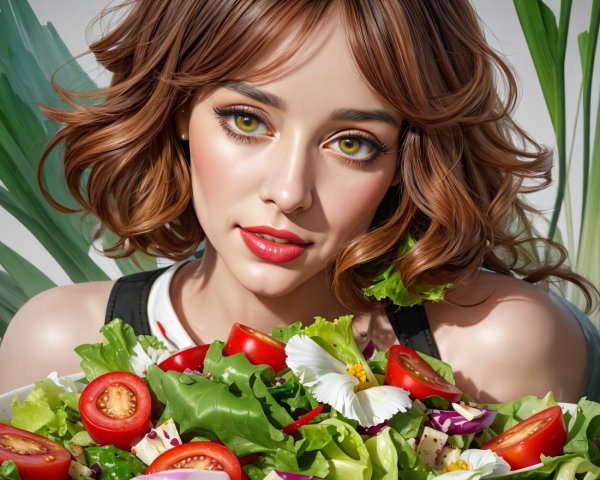 Young Woman Posing with Colorful Salad Bowl