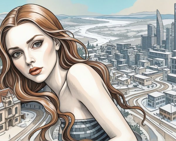 Young Woman Overlooking Snow-Covered Cityscape Illustration