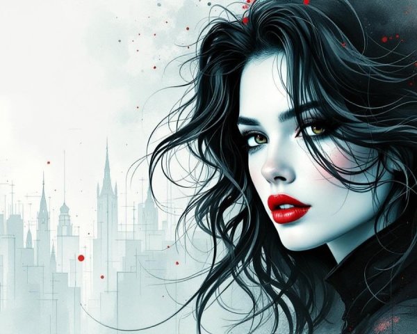 Portrait of a Young Woman with Urban Skyline Background