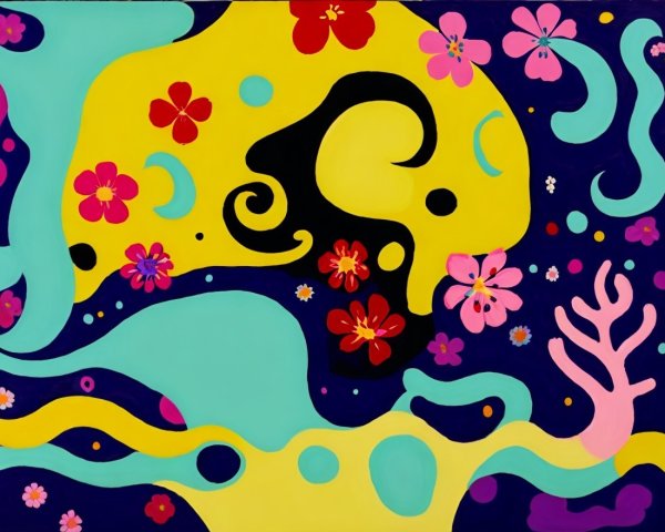 Vibrant Abstract Composition with Playful Shapes and Colors