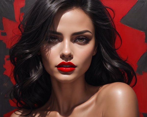 Close-Up Portrait of a Woman with Dark Hair and Red Lips