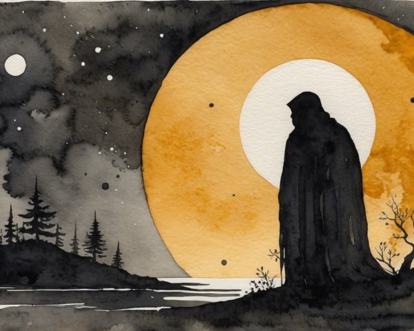 Shadowy Figure by Luminous Moon at Lakeshore