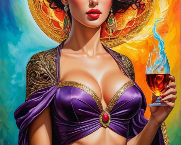 Beautiful woman in purple outfit with blue smoke