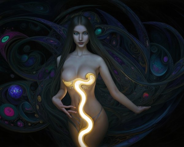 Cosmic Figure Surrounded by Ethereal Patterns and Light