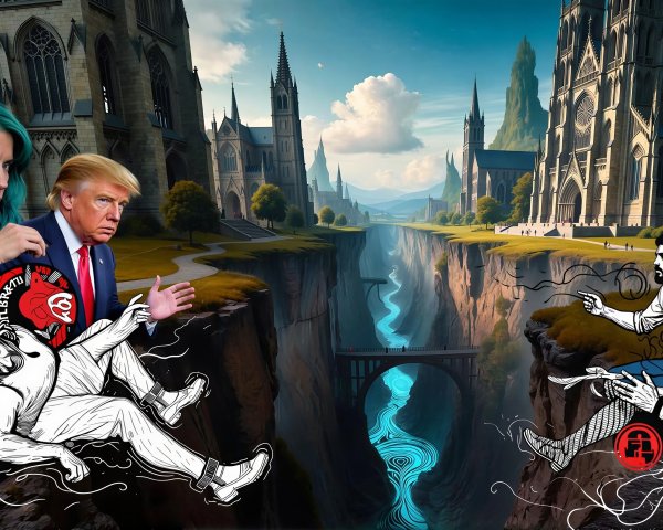 Surrealist Political Illustration of Divided Gothic Cities
