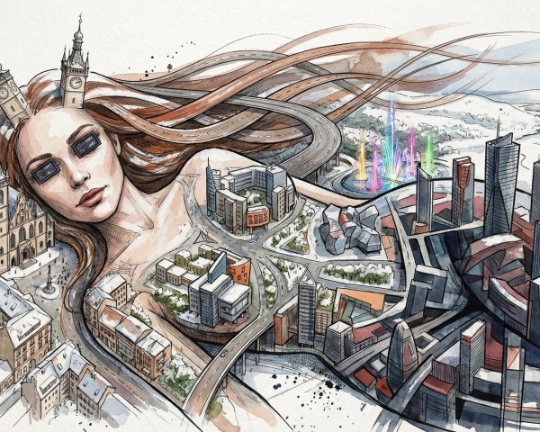 Majestic Watercolor of Giant Woman in Urban Landscape