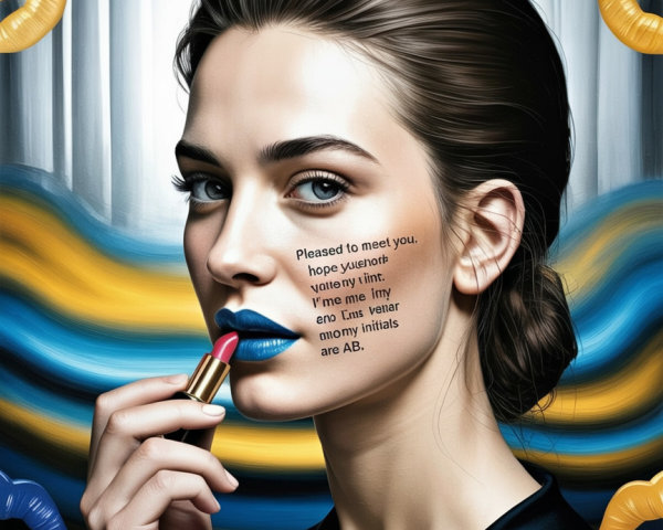 Portrait of a woman applying bold lipstick with prints
