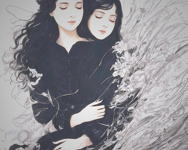 Two Women Embraced in Elegant Black Attire