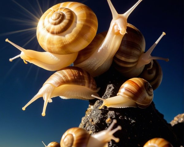 Striped Snails Climbing a Rocky Surface Under Blue Sky