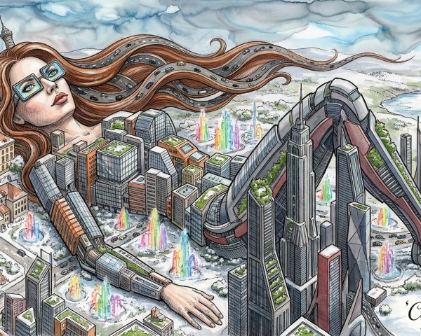 Surreal Watercolor of a Woman Shaped by a City