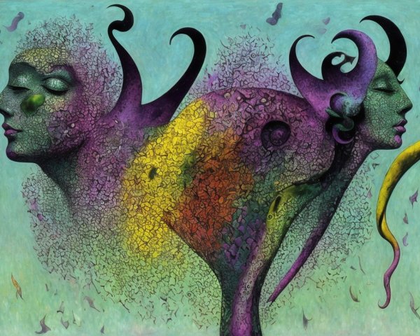 Ethereal Faces with Abstract Forms on Turquoise Background