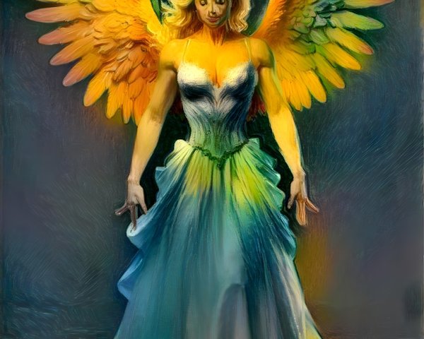 Woman with Multicolored Wings in Ethereal Setting