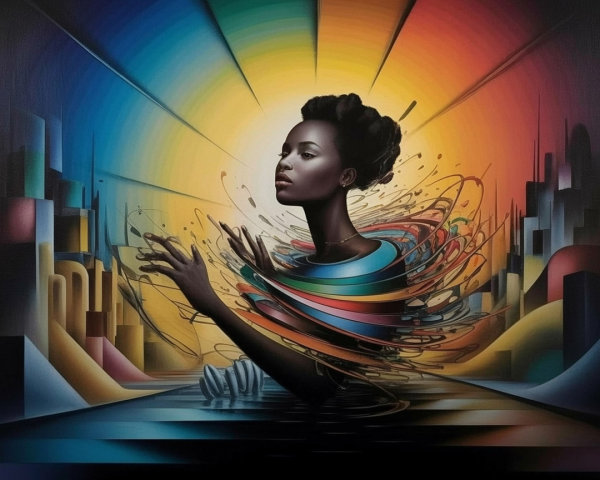 Silhouette of a Woman Amid Vibrant Colors and Cityscapes