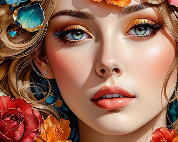 Portrait of a Young Woman with Blue Eyes and Flowers