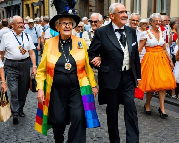Vibrant Parade Scene with Joyful Elderly Couple