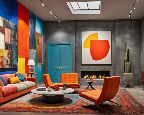Vibrant Living Room with Abstract Art and Cozy Decor