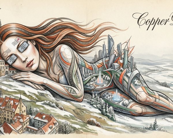 Giant goddess in snowy landscape with cityscapes and river