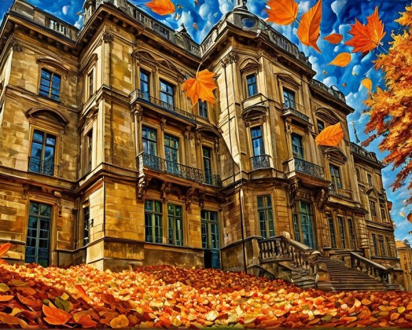 Majestic Stone Building Surrounded by Autumn Foliage