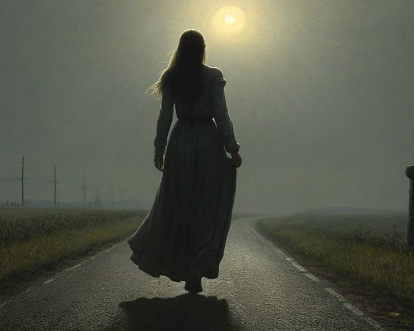 Woman in Light Blue Dress Walking on a Roadway