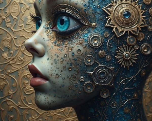 Intricate humanoid figure with blue and gold design