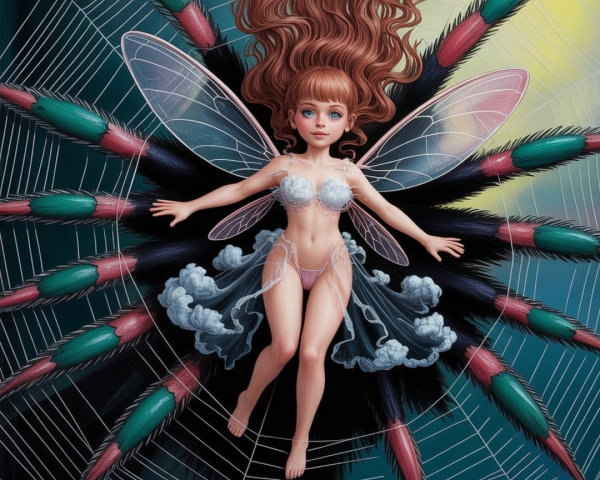 Whimsical Fairy in a Colorful Dreamlike Web Scene