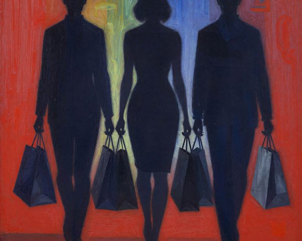 Silhouetted Figures with Shopping Bags Against Rainbow Background