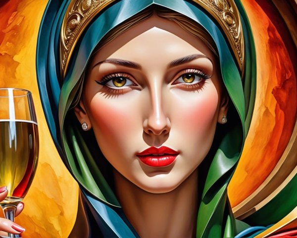 Striking Woman in Elaborate Headscarf and Glass