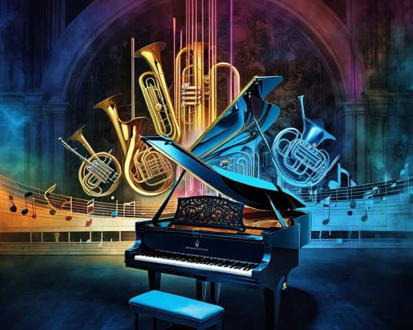 Grand piano with brass instruments and musical notes