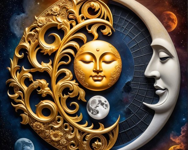 Celestial Artwork with Sun and Moon Design