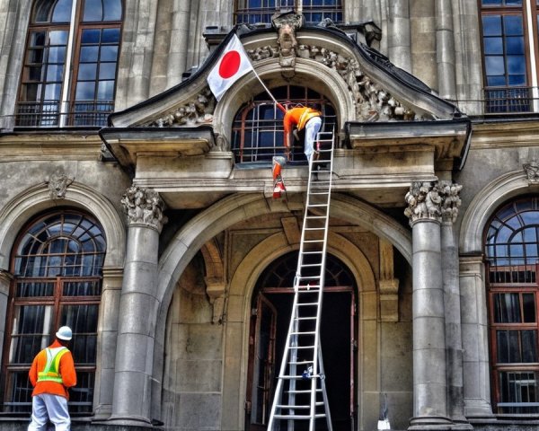 Workers Adjusting Japanese Flag at Historic Building