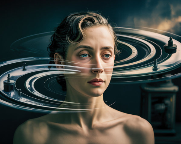 Woman Surrounded by Futuristic Vinyl Records in Thought
