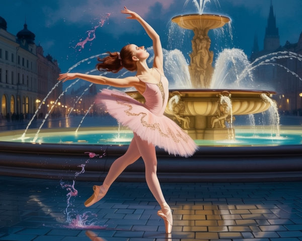 Ballerina Dancing by Fountain in Enchanted Cityscape