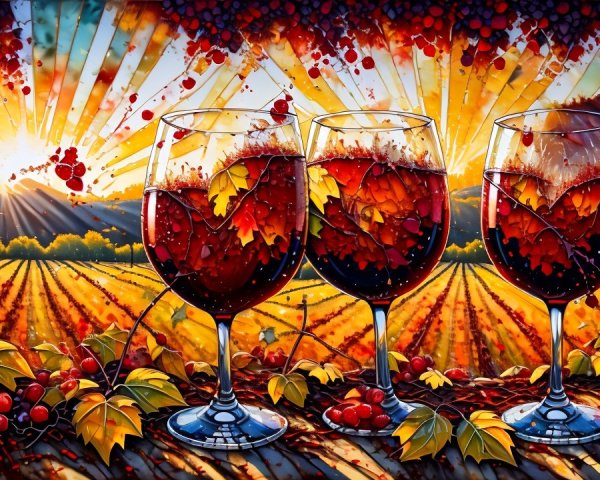 Elegant Red Wine Glasses in Vibrant Vineyard Setting