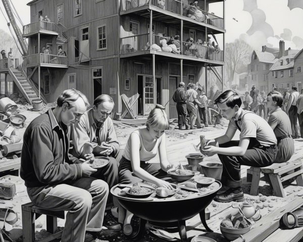 Pottery-Making Scene Outside Multi-Story Building