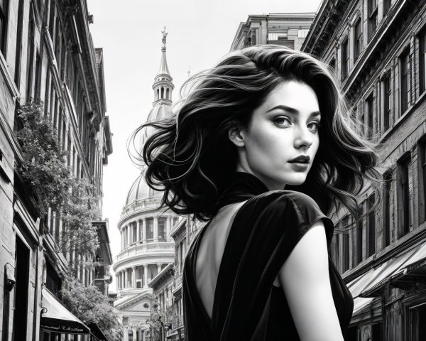 Elegant Young Woman in Narrow Street with Dome Background
