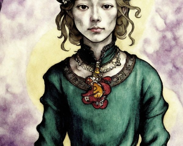 Character in Green Tunic with Floral Pendant and Nature Background